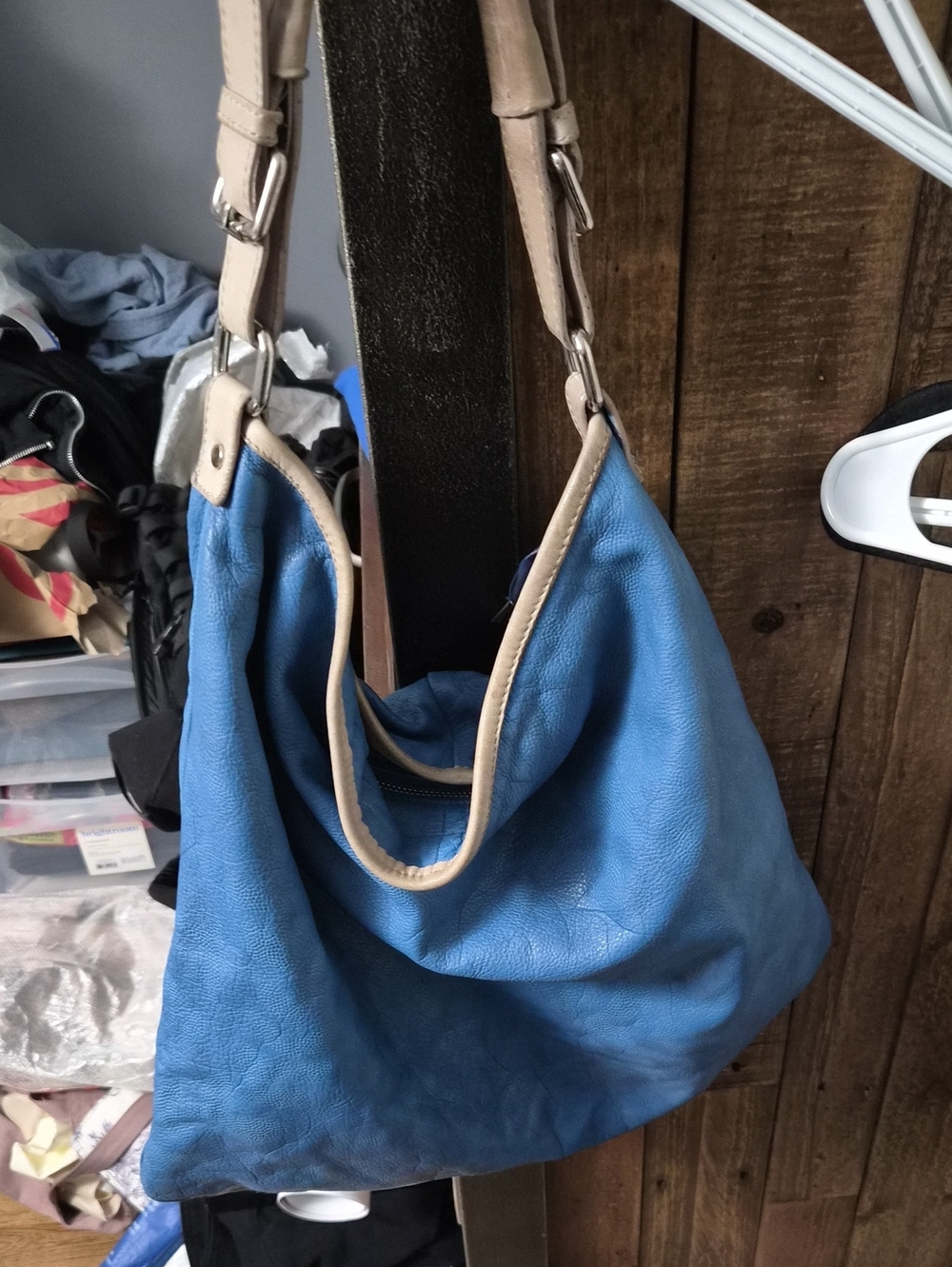 Blue Hobo Shoulder Bag with Beige Trim